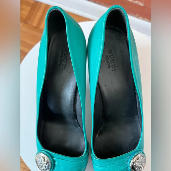Gucci Tom Ford Hysteria Kitten Heel Pumps Turquoise Green Crest Aqua - Picture 10 of 15